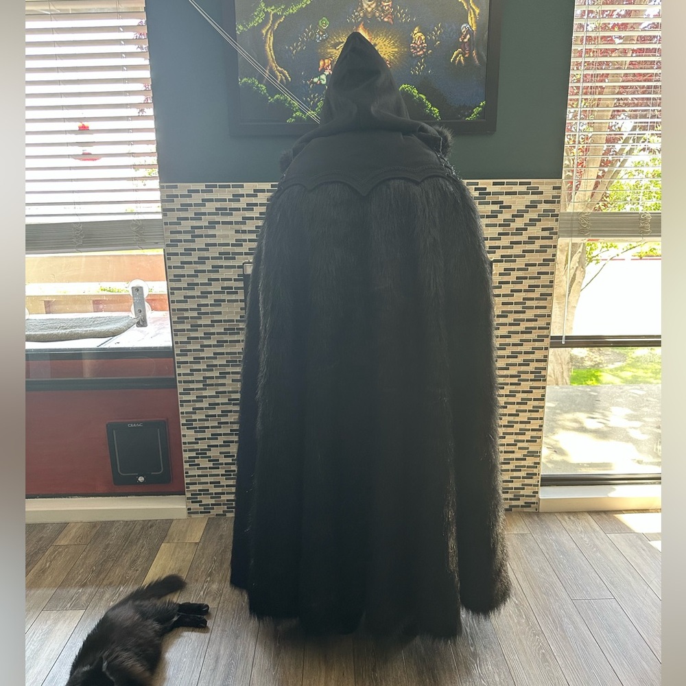 Punk Rave Black Cosplay Cloak Cape Hooded Adult Size with Thick Fur